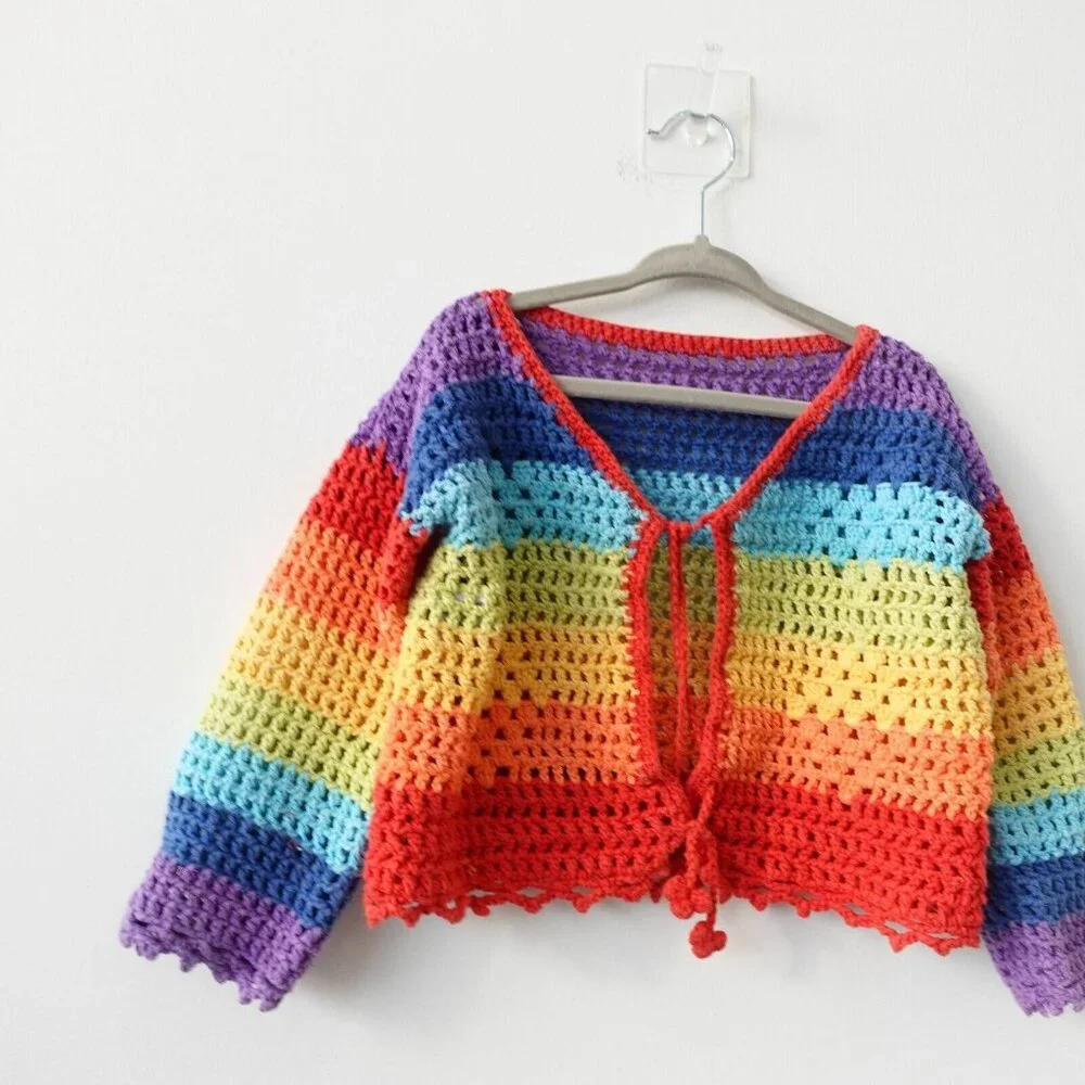 Rainbow Cropped Sweater Girls XL Cardigan Handmade Crochet‎ Bold Open Boho Y2K